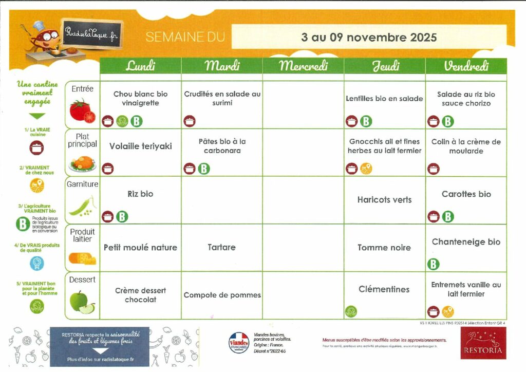 Menu du 03 au 09 novembre 2025