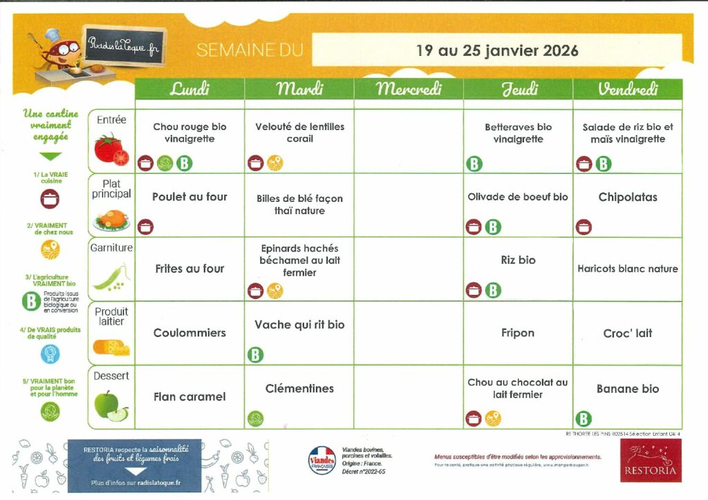 MENU CANTINE DU 19 AU 25 JANVIER 2026