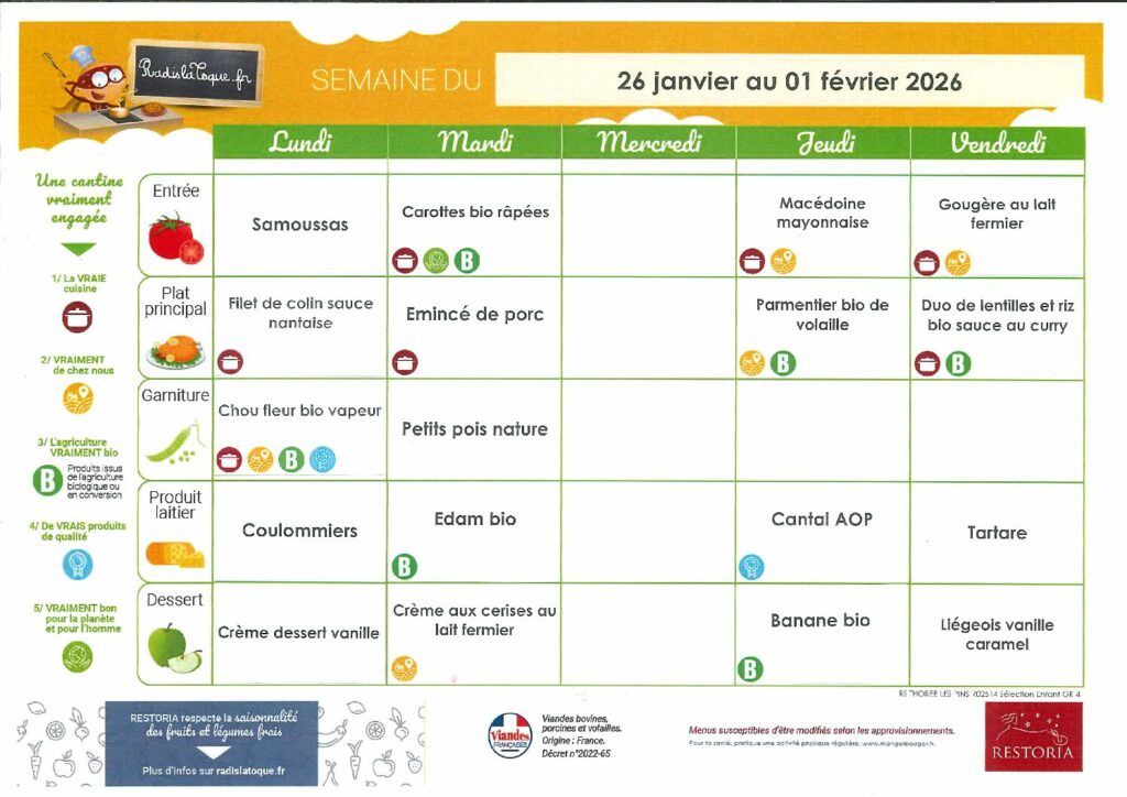 Menu cantine du 26 au 30 janvier